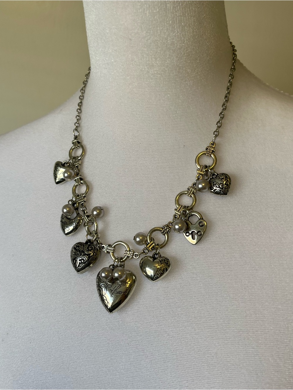 Silver Tone Lock And Heart Charm Pendants Religious Bible Necklace 20”